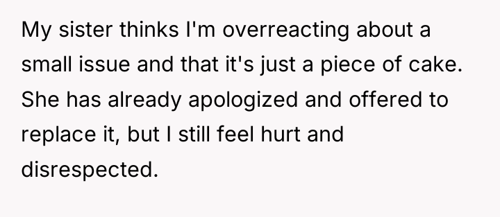 My sister thinks I'm overreacting about a small issue and...