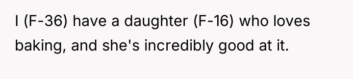 I (F-36) have a daughter (F-16) who loves baking, and...