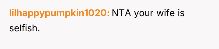 lilhappypumpkin1020 NTA your wife is selfish.