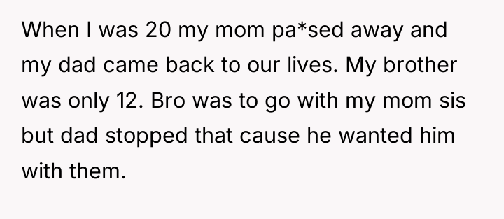 When I was 20 my mom pa*sed away and my...