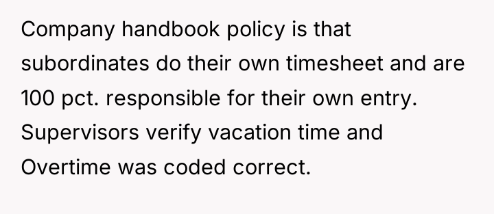 Company handbook policy is that subordinates do their own timesheet...