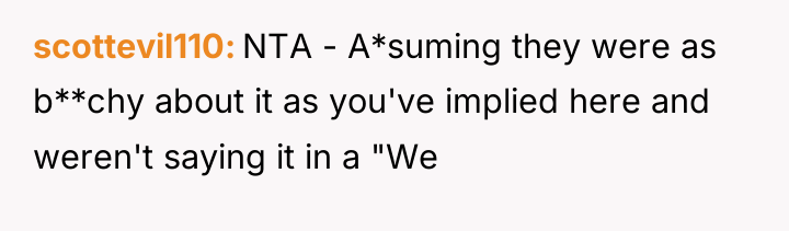 scottevil110 NTA - A*suming they were as b**chy about it...