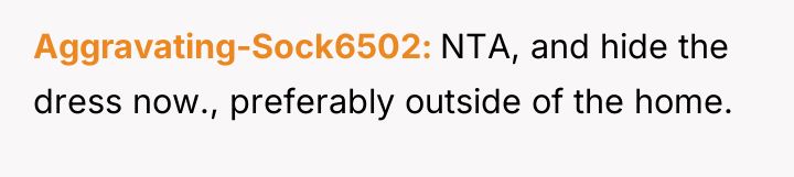 Aggravating-Sock6502 NTA, and hide the dress now., preferably outside of...