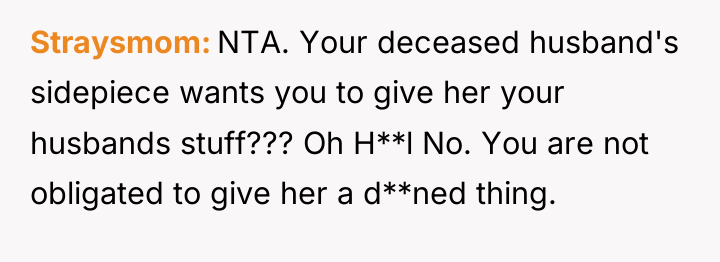 Straysmom NTA. Your deceased husband's sidepiece wants you to give...