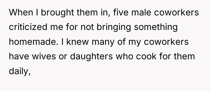 When I brought them in, five male coworkers criticized me...