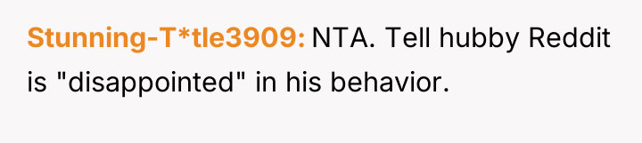 Stunning-T*tle3909 NTA. Tell hubby Reddit is "disappointed" in his behavior.