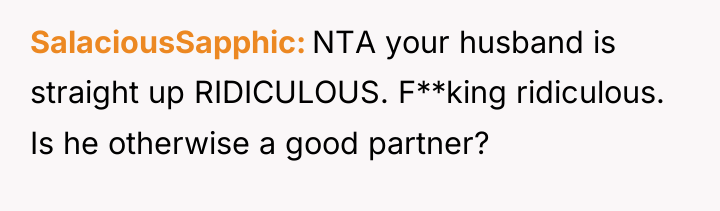 SalaciousSapphic NTA your husband is straight up RIDICULOUS. F**king ridiculous....