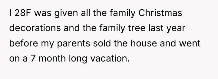 I 28F was given all the family Christmas decorations and...