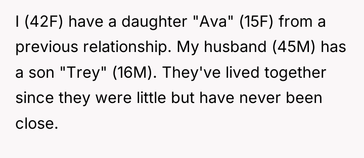 I (42F) have a daughter "Ava" (15F) from a previous...