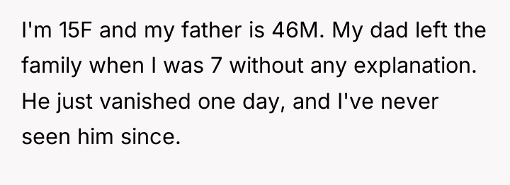 I'm 15F and my father is 46M. My dad left...