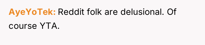 AyeYoTek Reddit folk are delusional. Of course YTA.