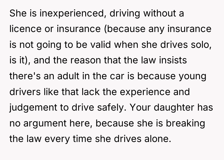 She is inexperienced, driving without a licence or insurance (because...