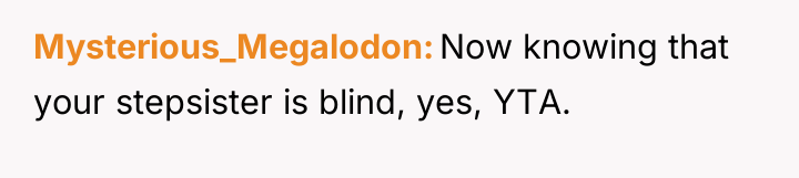 Mysterious_Megalodon Now knowing that your stepsister is blind, yes, YTA.