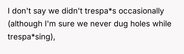 I don't say we didn't trespa*s occasionally (although I'm sure...