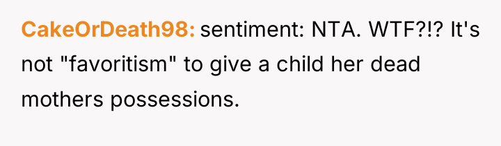 CakeOrDeath98 sentiment: NTA. WTF?!? It's not "favoritism" to give a...