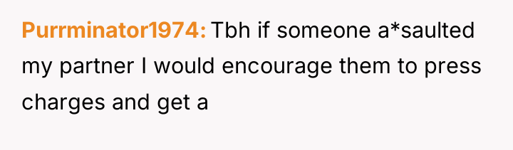 Purrminator1974 Tbh if someone a*saulted my partner I would encourage...