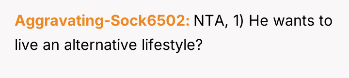 Aggravating-Sock6502 NTA, 1) He wants to live an alternative lifestyle?