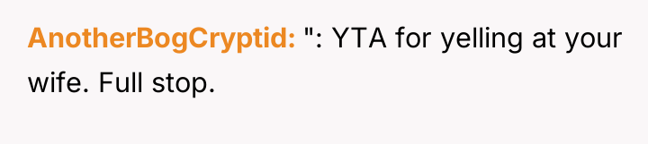 AnotherBogCryptid ": YTA for yelling at your wife. Full stop.