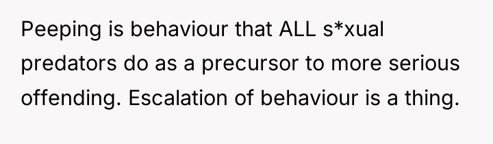 Peeping is behaviour that ALL s*xual predators do as a...