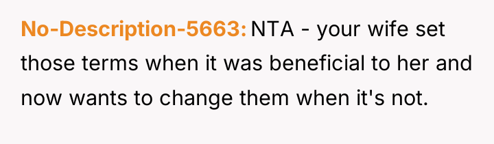 No-Description-5663 NTA - your wife set those terms when it...