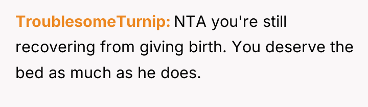 TroublesomeTurnip NTA you're still recovering from giving birth. You deserve...