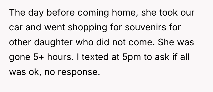 The day before coming home, she took our car and...