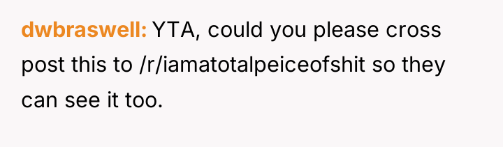 dwbraswell YTA, could you please cross post this to /r/iamatotalpeiceofshit...