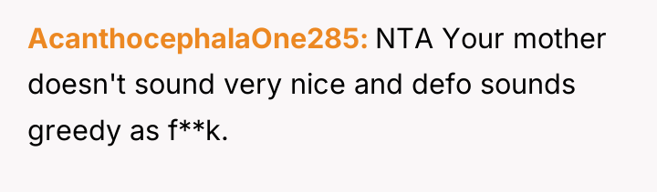AcanthocephalaOne285 NTA Your mother doesn't sound very nice and defo...