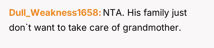 Dull_Weakness1658 NTA. His family just don`t want to take care...