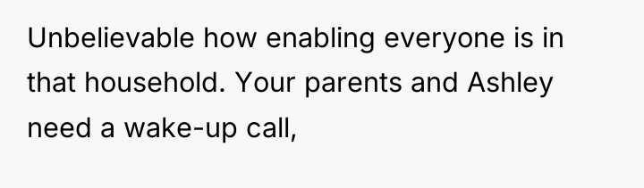Unbelievable how enabling everyone is in that household. Your parents...