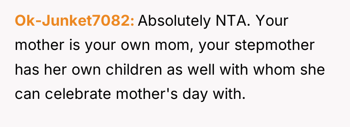 Ok-Junket7082 Absolutely NTA. Your mother is your own mom, your...