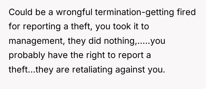 Could be a wrongful termination-getting fired for reporting a theft,...