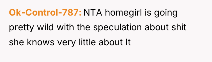 Ok-Control-787 NTA homegirl is going pretty wild with the speculation...