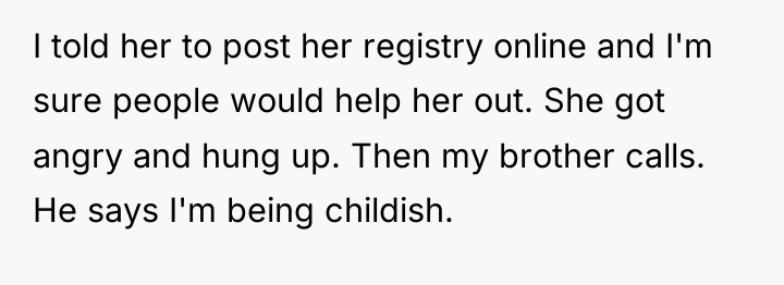 I told her to post her registry online and I'm...