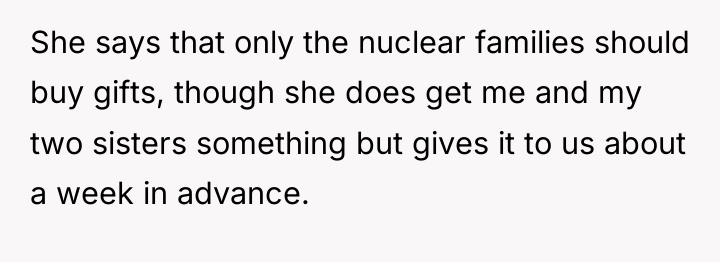 She says that only the nuclear families should buy gifts,...