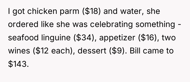 I got chicken parm ($18) and water, she ordered like...