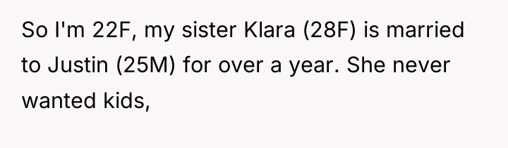 So I'm 22F, my sister Klara (28F) is married to...