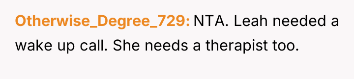 Otherwise_Degree_729 NTA. Leah needed a wake up call. She needs...