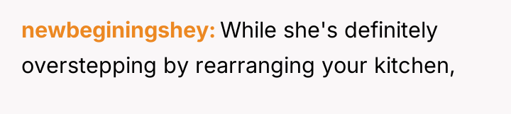 newbeginingshey While she's definitely overstepping by rearranging your kitchen,
