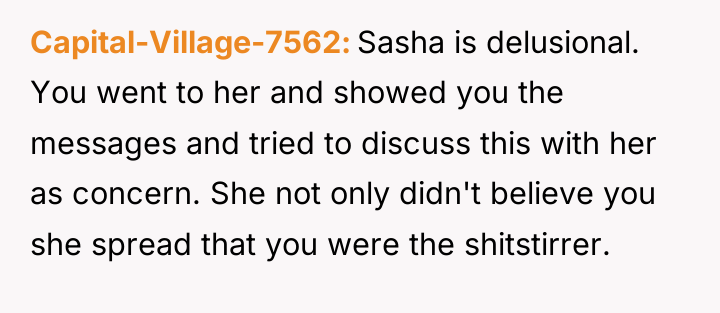 Capital-Village-7562 Sasha is delusional. You went to her and showed...