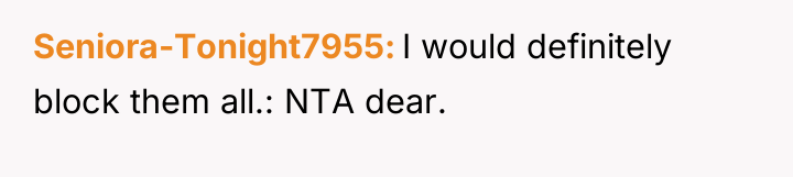 Seniora-Tonight7955 I would definitely block them all.: NTA dear.