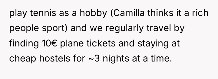 play tennis as a hobby (Camilla thinks it a rich...