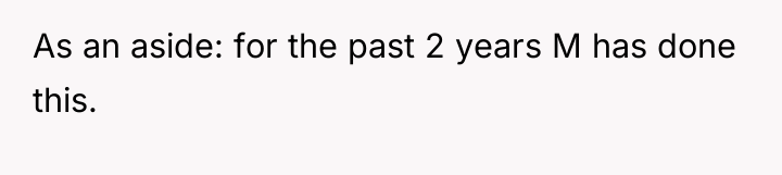 As an aside: for the past 2 years M has...