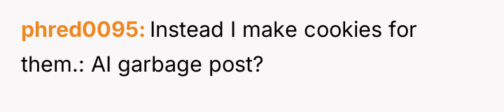 phred0095 Instead I make cookies for them.: AI garbage post?