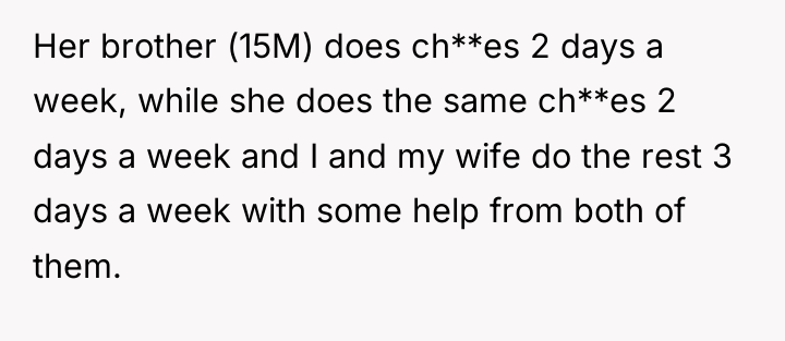 Her brother (15M) does ch**es 2 days a week, while...