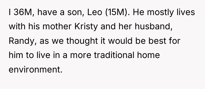 I 36M, have a son, Leo (15M). He mostly lives...