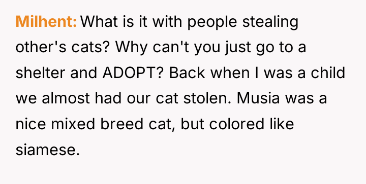 Milhent What is it with people stealing other's cats? Why...