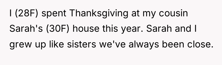 I (28F) spent Thanksgiving at my cousin Sarah's (30F) house...