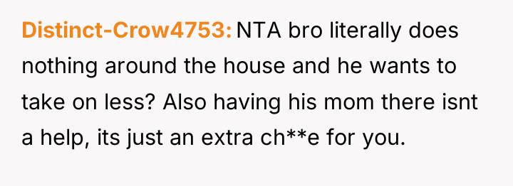 Distinct-Crow4753 NTA bro literally does nothing around the house and...