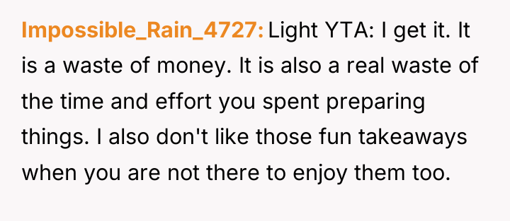 Impossible_Rain_4727 Light YTA: I get it. It is a waste...
